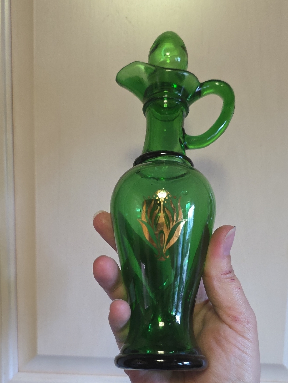 Avon Green Glass Cruet with Gold Floral Motif